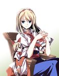  alice_margatroid alternate_hair_length alternate_hairstyle ascot blonde_hair blue_eyes capelet hairband lance namatarou polearm sash shanghai_doll sitting steepled_fingers touhou weapon 