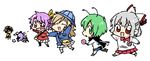  alternate_costume bag black_hair chibi falling fujiwara_no_mokou green_eyes green_hair hat inaba_tewi kindergarten_uniform multiple_girls ponytail purple_eyes purple_hair reisen_udongein_inaba shoulder_bag silver_hair six_(fnrptal1010) skirt touhou watatsuki_no_toyohime watatsuki_no_yorihime wriggle_nightbug younger 