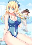  adjusting_strap alternate_costume ass atago_(kantai_collection) barefoot beret blonde_hair blue_eyes blue_swimsuit breast_envy breasts brown_eyes brown_hair competition_swimsuit covered_navel from_side hat highres impossible_clothes kantai_collection large_breasts long_hair looking_at_another looking_to_the_side multiple_girls one-piece_swimsuit poolside ryuujou_(kantai_collection) shaded_face shibi sitting standing swimsuit visor_cap wet wet_clothes wet_swimsuit 