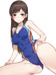  blush breasts brown_eyes brown_hair competition_swimsuit idolmaster idolmaster_cinderella_girls idolmaster_cinderella_girls_starlight_stage kfr long_hair looking_at_viewer medium_breasts nitta_minami one-piece_swimsuit smile solo swimsuit 