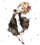  :o blonde_hair blush bow collared_shirt commentary from_behind gorilla_(bun0615) hair_ribbon highres leaning_back looking_at_viewer pose red_eyes red_footwear ribbon rumia shirt shoes skirt skirt_set socks solo touhou vest wind 