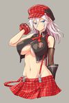  alisa_ilinichina_amiella black_gloves blue_eyes blush breasts elbow_gloves fingerless_gloves gloves god_eater god_eater_burst grey_background hat large_breasts long_hair midriff navel nekomamire plaid plaid_skirt simple_background skirt solo suspender_skirt suspenders thighhighs underboob 