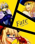  2girls androgynous armor bad_id bad_pixiv_id blonde_hair blue_eyes blue_hat brooch cape capelet chevalier_d'eon_(fate/grand_order) copyright_name fate/apocrypha fate/grand_order fate_(series) glasses hat jeanne_d'arc_(fate) jeanne_d'arc_(fate)_(all) jewelry long_hair marie_antoinette_(fate/grand_order) multiple_girls omcm parody persona persona_4 removing_eyewear sidelocks style_parody yellow_background 