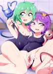  bad_feet breasts bwell censored green_eyes green_hair hairband heart heart-shaped_pupils incest komeiji_koishi komeiji_satori looking_at_viewer mosaic_censoring multiple_girls nipples off_shoulder one-piece_swimsuit open_mouth purple_eyes purple_hair pussy school_swimsuit siblings sisters sitting small_breasts smile spread_legs spread_pussy swimsuit swimsuit_aside swimsuit_pull symbol-shaped_pupils third_eye touhou yuri 