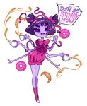 bow bug commentary croissant cup doughnut english extra_eyes fangs food full_body hair_bow hair_ornament highres insect_girl monster_girl muffet multiple_arms oskar_vega puffy_sleeves pumpkin_pants purple_eyes purple_hair ribbon shoes short_hair simple_background solo speech_bubble spider spider_girl teacup teapot two_side_up undertale white_background 