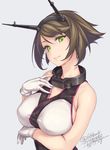  artist_name beige_background breasts brown_hair cleavage covered_nipples dated gloves green_eyes hand_on_own_chest headgear kantai_collection large_breasts looking_at_viewer mutsu_(kantai_collection) rokuwata_tomoe short_hair simple_background smile solo twitter_username white_gloves 