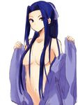  :o assassin_(fate/stay_night) blue_eyes blue_hair bow breasts eyes_visible_through_hair fate/stay_night fate_(series) genderswap genderswap_(mtf) hair_bow hair_censor japanese_clothes kamehima kimono long_hair looking_at_viewer medium_breasts navel ponytail solo undressing very_long_hair 