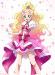  blonde_hair bow clenched_hand cure_flora earrings eyebrows gloves go!_princess_precure gradient_hair green_eyes hanzou haruno_haruka jewelry long_hair magical_girl multicolored_hair pink_bow pink_hair pink_skirt precure skirt smile solo streaked_hair thick_eyebrows two-tone_hair white_background white_gloves 