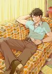  70s belt brown_hair couch crossed_legs curtains full_body haikyuu!! hand_behind_head joanna_krotka lying magazine male_focus oikawa_tooru_(haikyuu!!) oldschool on_back photo_(object) polo_shirt shade solo vase watch wristwatch 