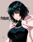  bangs black_hair blue_eyes blue_hair character_name fubuki_(one-punch_man) fur_coat jewelry lipstick looking_at_viewer makeup maruino necklace one-punch_man pearl_necklace red_lips short_hair signature simple_background solo upper_body 