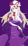  blonde_hair blush bow breasts choker cleavage dress elbow_gloves gloves hair_bow hair_over_shoulder hat hat_ribbon highres kae_(hyugafire) large_breasts long_hair looking_at_viewer mob_cap purple_background purple_dress purple_eyes ribbon ribbon_choker simple_background smile solo touhou tsurime very_long_hair white_gloves white_skin yakumo_yukari 