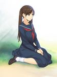  brown_eyes brown_footwear brown_hair grass hands_on_lap highres ino kousaka_rino loafers long_hair looking_to_the_side otome_function outdoors school_uniform seiza serafuku shoes sitting socks solo twintails white_legwear 