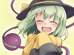  :d ^_^ blush closed_eyes commentary_request crying dairi green_hair happy hat heart komeiji_koishi laughing long_sleeves open_mouth short_hair simple_background sleeves_past_wrists smile solo tears third_eye touhou yellow_background 