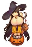  animal_ears bare_shoulders breasts brown_eyes brown_hair cat_ears cat_food cat_tail cleavage fangs halloween huge_breasts long_hair md5_mismatch mogu_(kanikama_mgmg) mouse original simple_background solo tail white_background witch 