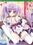  absurdres breasts couch gloves highres indoors long_hair looking_at_viewer maid_headdress matsumiya_kiseri medium_breasts nipples no_panties open_mouth purple_hair red_eyes solo thighhighs twintails white_legwear 