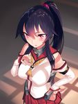  bare_shoulders black_hair blew_andwhite blush breasts cosplay detached_sleeves highres kantai_collection large_breasts long_hair ponytail red_eyes red_skirt skirt solo yahagi_(kantai_collection) yamato_(kantai_collection) yamato_(kantai_collection)_(cosplay) 
