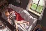  :d barefoot bed_sheet blonde_hair brown_hair couch couple detached_sleeves hakurei_reimu happy hat hat_removed headwear_removed hug indoors kirisame_marisa legs long_hair long_legs muireko multiple_girls open_mouth sarashi single_sock skirt skirt_set sleeping sleeping_on_person smile socks touhou vest window witch_hat yuri 