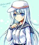  aqua_background blue_eyes blue_hair flat_cap fukase_ayaka hat hibiki_(kantai_collection) kantai_collection long_hair long_sleeves sailor_collar school_uniform serafuku solo twitter_username upper_body verniy_(kantai_collection) 