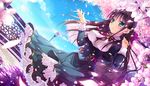  :o bow brown_hair cherry cherry_blossoms day dutch_angle food frilled_skirt frills fruit game_cg green_eyes hair_bow half_updo kuragano_sara lens_flare long_hair petals primal_hearts purple_hair ribbon sasorigatame school_uniform skirt sky solo wind 