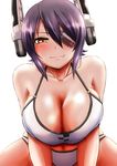  :3 bent_over bikini blush breasts checkered cleavage eyepatch fang_out hair_between_eyes headgear highres kanno_takanori kantai_collection large_breasts purple_hair red_eyes short_hair simple_background smile solo swimsuit tenryuu_(kantai_collection) upper_body white_background white_bikini 