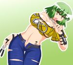  akasode_(tyaramu) belt breasts buckle cleavage commentary_request green_hair hikage_(senran_kagura) knife large_breasts looking_at_viewer navel pants senran_kagura senran_kagura_shoujo-tachi_no_shin'ei short_hair solo tattoo tongue tongue_out torn_clothes yellow_eyes 