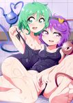  bad_feet breasts bwell censored green_eyes green_hair hairband heart heart-shaped_pupils incest komeiji_koishi komeiji_satori looking_at_viewer mosaic_censoring multiple_girls nipples off_shoulder one-piece_swimsuit open_mouth purple_eyes purple_hair pussy school_swimsuit siblings sisters sitting small_breasts smile spread_legs spread_pussy swimsuit swimsuit_aside swimsuit_pull symbol-shaped_pupils third_eye touhou wet yuri 