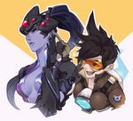  2girls amelie_lacroix annoyed brown_hair frown goggles head_mounted_display lena_oxton long_hair multiple_girls overwatch pmolita ponytail purple_skin short_hair smile spiked_hair tracer_(overwatch) visor widowmaker_(overwatch) yellow_eyes 