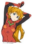  :o arm_behind_head armpits arms_up baba_arumi blue_eyes bodysuit bracer breasts cropped_torso dated gloves hair_ornament leaning long_hair looking_at_viewer neon_genesis_evangelion number open_mouth orange_hair pilot_suit plugsuit signature simple_background small_breasts solo souryuu_asuka_langley stretch turtleneck two_side_up upper_body very_long_hair white_background 