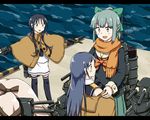  any_(lucky_denver_mint) bangs blue_eyes blue_hair bow brown_eyes capelet dressing dressing_another grey_hair hair_bow hair_ornament hair_ribbon harbor high_ponytail kantai_collection letterboxed long_hair low_twintails multiple_girls out_of_frame outstretched_arms pink_hair ponytail ribbon samidare_(kantai_collection) scarf shirt sleeveless sleeveless_shirt smile suzukaze_(kantai_collection) turret twintails uniform yura_(kantai_collection) yuubari_(kantai_collection) 