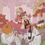  aki_minoriko aki_shizuha apple apron basket blonde_hair blush bottle bread checkerboard_cookie cookie cup eating food fruit grapes hat leaf leaf_on_head long_sleeves looking_up maple_leaf mob_cap mug multiple_girls nature oshouyu_tabetai pear persimmon puffy_sleeves pumpkin shirt short_hair siblings sisters sitting skirt skirt_set smile sweet_potato table touhou tree wide_sleeves 