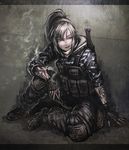  blonde_hair blue_eyes boots camouflage cigarette dirty dirty_clothes dirty_face fingerless_gloves fur_trim gloves grin hetza_(hellshock) knee_pads load_bearing_vest looking_to_the_side original ponytail sitting sleeves_rolled_up smile solo suzumi_(hetza) tattoo 