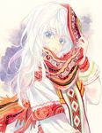  agahari blue_eyes embroidery highres long_hair long_scarf looking_at_viewer original scarf scarf_on_head solo traditional_clothes traditional_media white_hair 