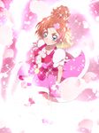  blonde_hair blue_eyes bow brown_hair choker commentary_request cure_flora earrings eyebrows full_body gloves go!_princess_precure gradient_hair hair_ornament hairclip haruno_haruka henshin jewelry multicolored_hair petals pink_background pink_bow pink_hair pink_skirt precure serious short_hair skirt solo sparkle standing thick_eyebrows tj-type1 transformation white_gloves 