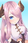  black_gloves blue_eyes blush breasts draph gloves granblue_fantasy hair_over_one_eye horns large_breasts lavender_hair long_hair looking_at_viewer narmaya_(granblue_fantasy) pointy_ears smile solo symfo 