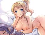  ajishio arm_support ayase_eli blonde_hair blue_eyes breasts cleavage closed_eyes collarbone large_breasts looking_at_viewer love_live! love_live!_school_idol_project lying multiple_girls nipples nude on_side pillow ponytail purple_hair scrunchie smile toujou_nozomi 