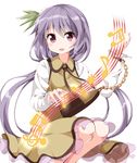 beamed_sixteenth_notes brown_dress chain dress eighth_note flower frilled_dress frills hair_flower hair_ornament instrument long_ponytail long_sleeves lute_(instrument) musical_note purple_eyes purple_hair quarter_note ribbon ruu_(tksymkw) shirt sideways_glance simple_background sleeveless sleeveless_dress smile solo split_ponytail squatting touhou treble_clef tsukumo_benben white_background white_shirt 
