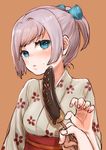  alternate_costume bangs blue_eyes blush chocolate_banana floral_print food hair_ornament hands head_tilt holding holding_food japanese_clothes kantai_collection kimono kutouten looking_at_viewer out_of_frame ponytail pov pov_hands print_kimono purple_hair sexually_suggestive shiranui_(kantai_collection) short_hair simple_background sketch solo_focus sweatdrop swept_bangs upper_body 