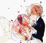  1girl bridal_veil brown_hair closed_eyes couple dress flower formal fuyusuke_(hz+) hair_flower hair_ornament hetero long_hair original petals pink_hair short_hair smile suit tears veil wedding_dress 