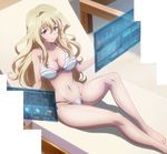  barefoot bikini blonde_hair blush breasts chair claudia_enfield cleavage gakusen_toshi_asterisk groin highres holographic_interface holographic_monitor large_breasts legs long_hair lounge_chair navel non-web_source purple_eyes screencap smile solo stitched swimsuit third-party_edit white_bikini 