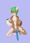  blue_eyes bonbonboy brown_fur canine cock_ring cub dog ear_piercing feathers fur green_hair hair looking_at_viewer male mammal multicolored_fur navel nipples nude penis piercing solo tomi uncut white_fur young 