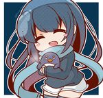  ^_^ bangs bird bloom2425 blue_hair blue_scarf blue_sweater chibi closed_eyes failure_penguin gradient_hair kantai_collection long_hair long_sleeves multicolored_hair object_hug open_mouth penguin samidare_(kantai_collection) scarf school_uniform serafuku simple_background skirt smile solo stuffed_toy sweater swept_bangs thighhighs twitter_username very_long_hair zettai_ryouiki 