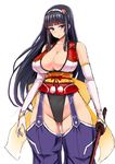  bare_shoulders black_hair blue_eyes blush breasts cleavage elbow_gloves food fruit gloves groin hair_ornament hairband hairclip highleg ishimiso_(ishimura) large_breasts long_hair looking_at_viewer original peach solo sword thighs weapon 