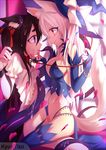  animal_ears bdsm black_hair blonde_hair bondage bottomless bound breasts cleavage collar crying crying_with_eyes_open elbow_gloves fox_ears fox_tail gloves kyuri_tizu leash long_hair medium_breasts multiple_girls original purple_eyes restrained siblings sisters tail tears tentacles thighhighs twins yellow_eyes 