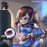  :t bangs blinds blunt_bangs blush bodysuit bracer breasts brown_hair character_name controller d.va_(overwatch) facial_mark famicom figure game_cartridge game_console game_controller gloves glowing headphones hips holding indian_style indoors long_hair looking_to_the_side meka_(overwatch) motion_blur orange_eyes overwatch phandit_thirathon playing_games serious sitting sketch small_breasts solo speech_bubble spread_legs sweat television toy turtleneck v-shaped_eyebrows watermark web_address whisker_markings window 
