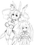  absurdres animal_ears blush bow bunny_ears bunnysuit choujigen_game_neptune collar gene_(gear_gene) greyscale hair_ornament highres if_(choujigen_game_neptune) long_hair monochrome multiple_girls neptune_(series) red_(choujigen_game_neptune) sketch 