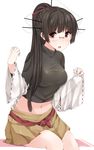  :o black_hair choukai_(kantai_collection) cosplay glasses gloves hair_ornament hair_over_shoulder highres ise_(kantai_collection) ise_(kantai_collection)_(cosplay) kantai_collection long_hair midriff navel ponytail red_eyes ribbon-trimmed_sleeves ribbon_trim rimless_eyewear sitting solo yukichi_(sukiyaki39) 