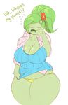  anthro bewbchan blush breasts cleavage clothed clothing dialogue female flora_fauna flower green_body green_hair hair mature_female mother nervous overweight parent plant solo text theycallhimcake underwear 