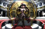  adjusting_hair analog_clock arm_strap black_hair black_legwear blur bow breasts cleavage clock crossed_legs date_a_live detached_sleeves dress gun hair_ribbon heterochromia highres hk_(hk) holding letterboxed lolita_fashion long_hair looking_at_viewer medium_breasts open_mouth red_eyes ribbon roman_numerals sitting solo thighhighs tokisaki_kurumi twintails weapon yellow_eyes 