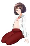  black_hair darwin's_game kashiwagi_rein mole open_clothes open_shirt panties panties_under_pantyhose pantyhose purple_eyes red_legwear shirt short_hair simple_background solo takahata_yuki underwear white_background 