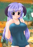  alternate_breast_size breasts covered_nipples hanyuu higurashi_no_naku_koro_ni impossible_clothes impossible_swimsuit large_breasts long_hair one-piece_swimsuit purple_eyes purple_hair satau_(psg) school_swimsuit solo swimsuit 